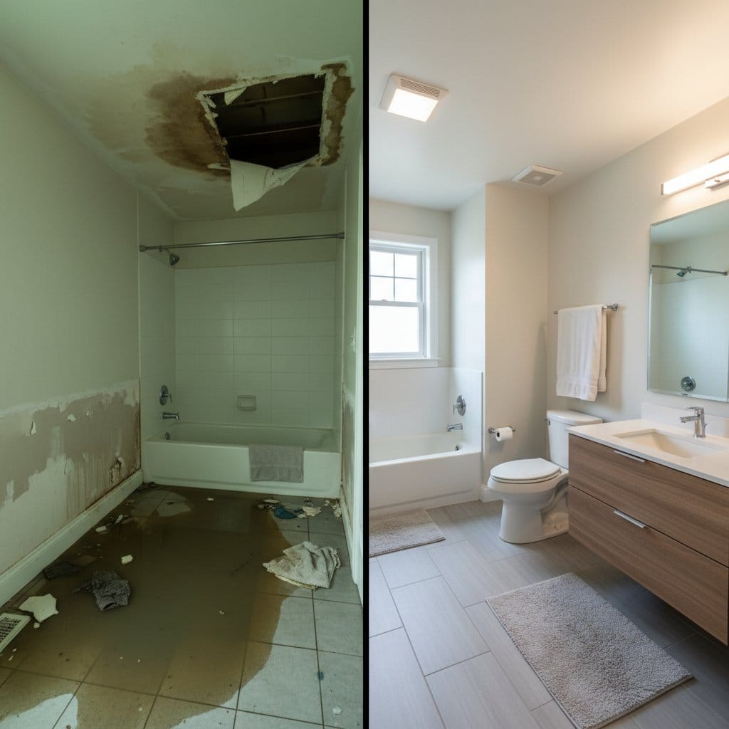 Before and after water damage restoration in Teaneck split-level home bathroom