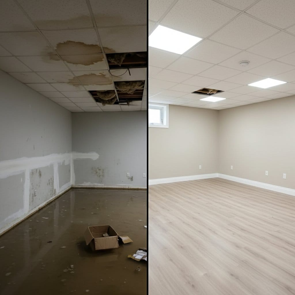 Storm & Roof Leak Water Damage before and after in finished basement, Teaneck NJ