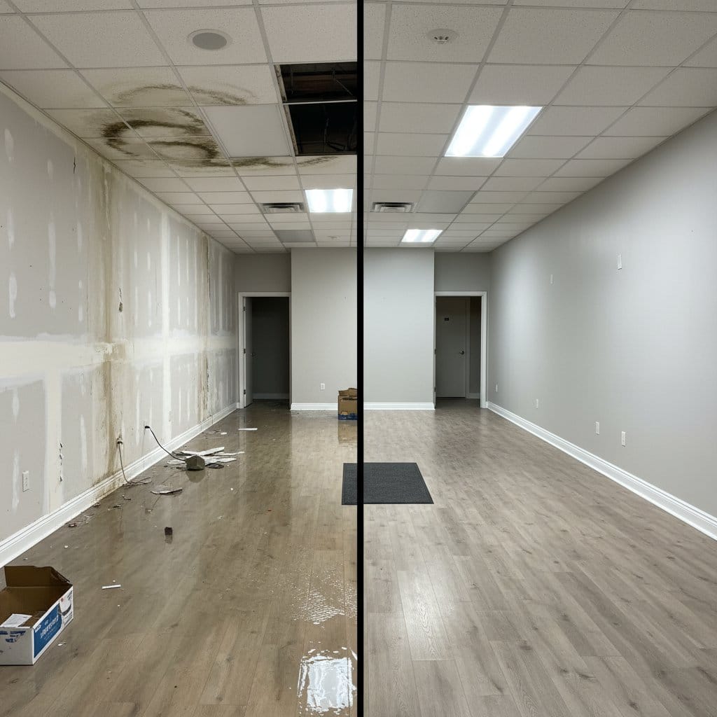 Before and after storm & roof leak water damage in Teaneck Cape Cod house storefront interior