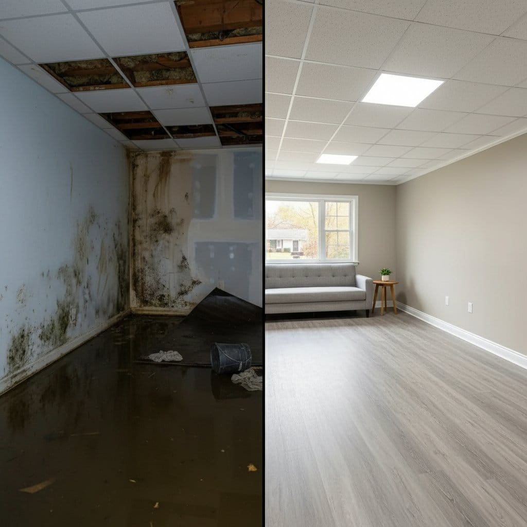 Sewage Backup Cleanup before and after in residential basement, Teaneck NJ