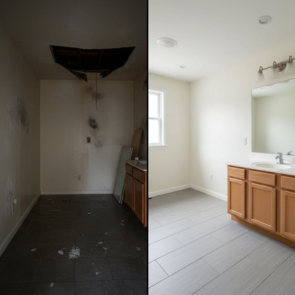 Before and after sewage backup cleanup in Teaneck private residence bathroom