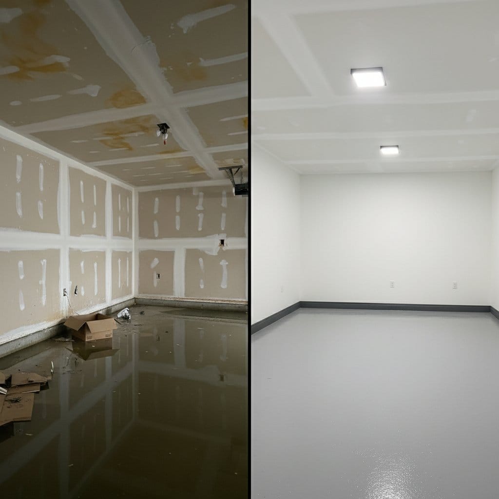 Carpet & Flooring Water Damage Cleanup before and after in garage, Teaneck NJ