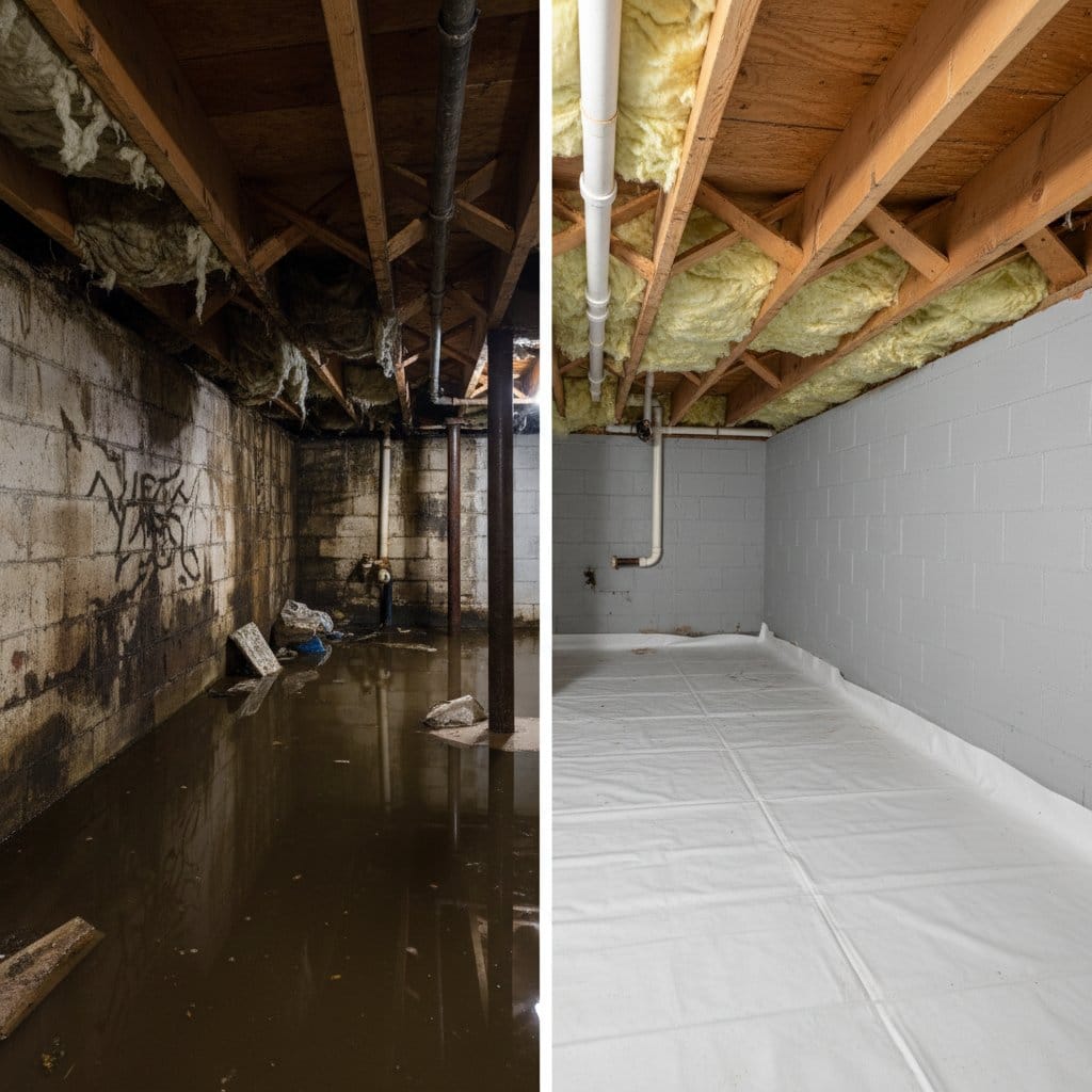 Carpet & Flooring Water Damage Cleanup restoration β crawl space of bungalow in Teaneck, NJ