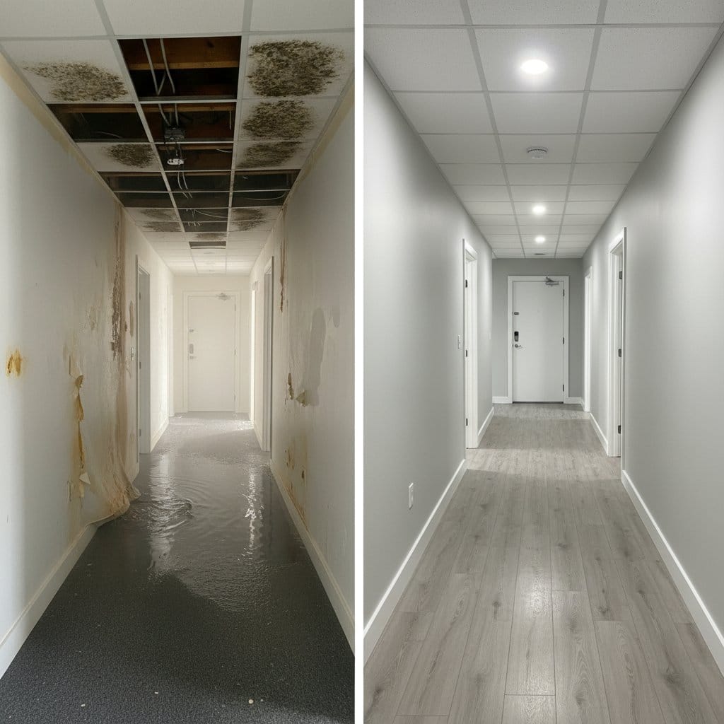 Wall & Ceiling Dry-Out before and after in hallway, Teaneck NJ