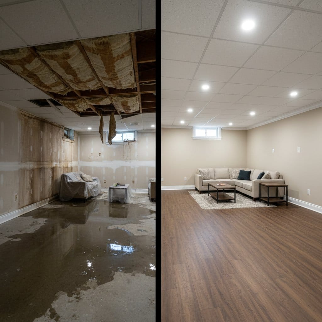 Content Drying & Property Cleanup before and after in finished basement, Teaneck NJ