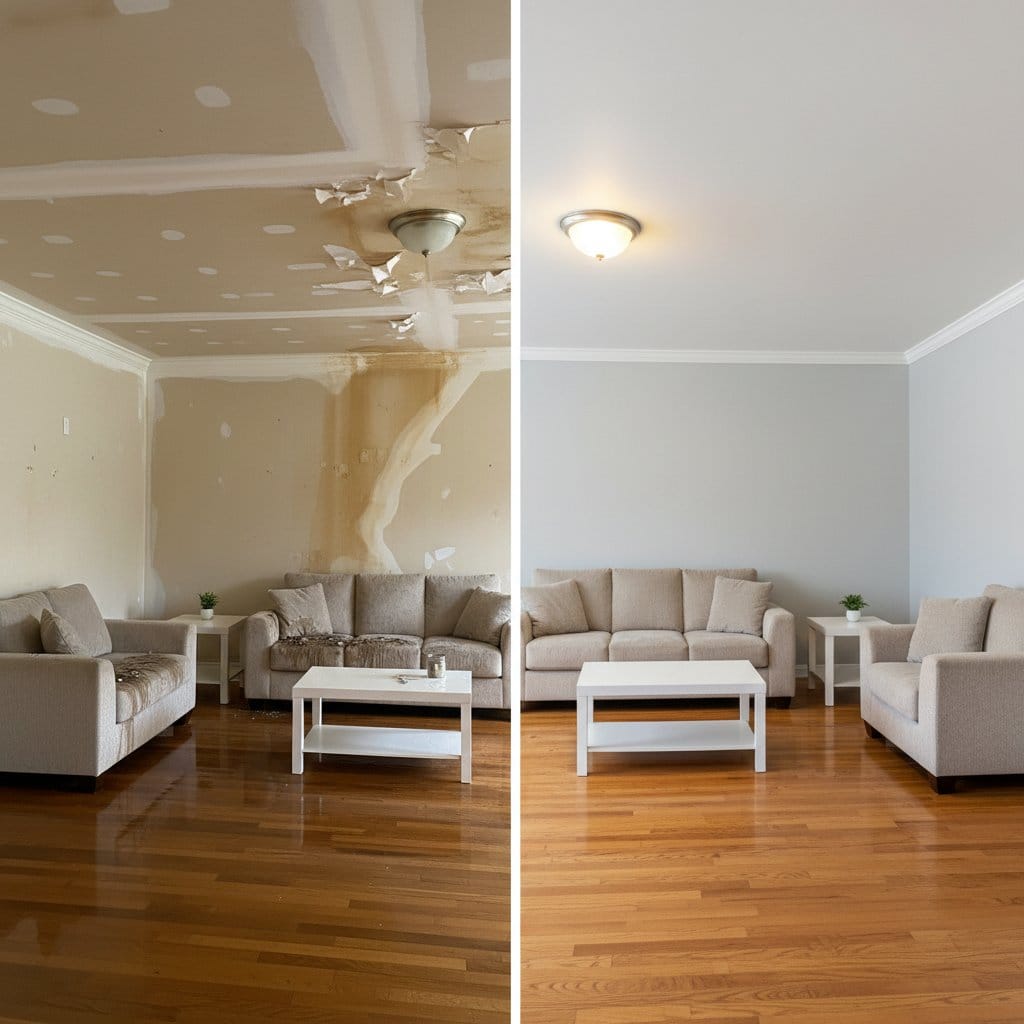 Teaneck Water Damage Restoration living room restoration before and after in Teaneck