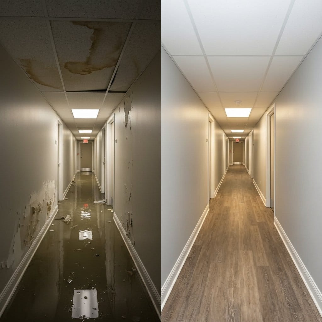 Teaneck Water Damage Restoration commercial office space restoration before and after in Teaneck