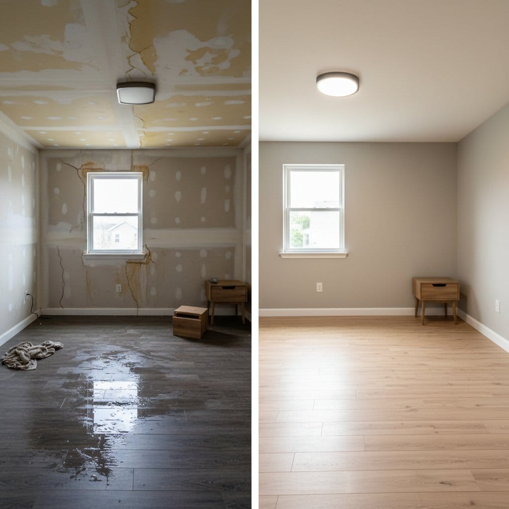 Teaneck Water Damage Restoration bedroom restoration before and after in Teaneck